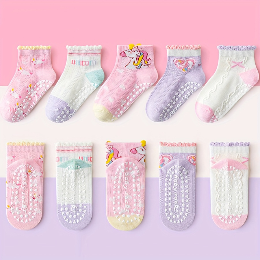 Anti Blister Sock - 5 Paar Kinder-Bodensocken mit Spitzenkleber, Herz-Einhorn-Muster,